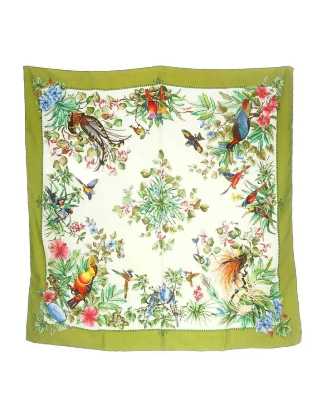 Gucci Scarf Bird All Over Pattern Flower Green White